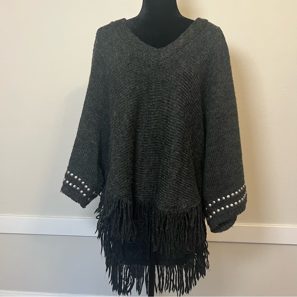 Elegant Wool Blend Dark Gray Fringe Studded Sleeve Poncho Sweater Oversized Sz S